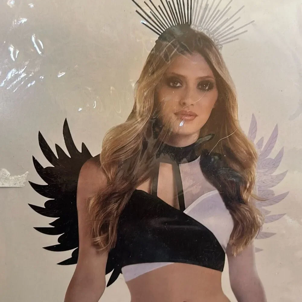 Sexy Twisted Angel Halloween Cosplay Costume XL Gothic Wings Black White